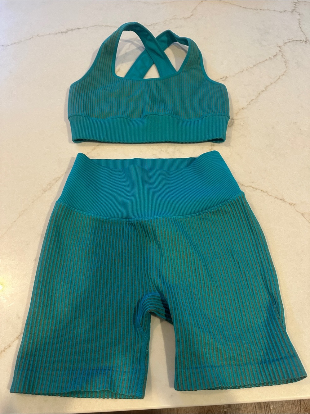 JoyLab Teal Ribbed Cross-Back Sports Bra and High-Waist Biker Shorts Set